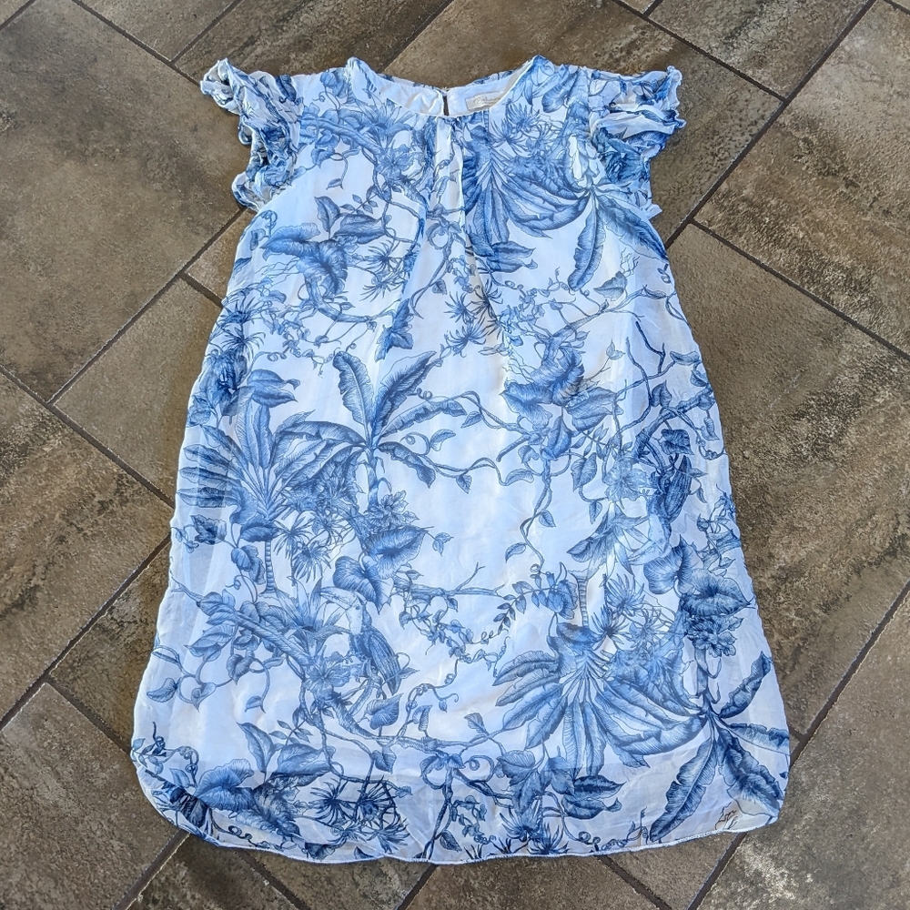 Bellambia Silk Blend Floral Mini Flowy Short Dress Size M White & Blue